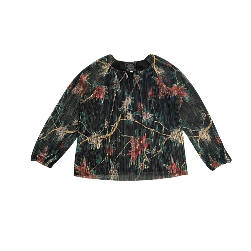 Johnny Was Jade Pleated Floral Metallic Blouse Silk Lined‎ Size M Boho Chic